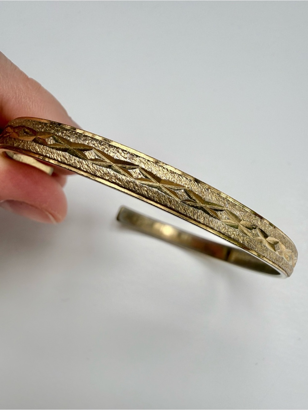 Vintage TRIFARI Gold Tone Etched Diamond Pattern Open Cuff Bracelet